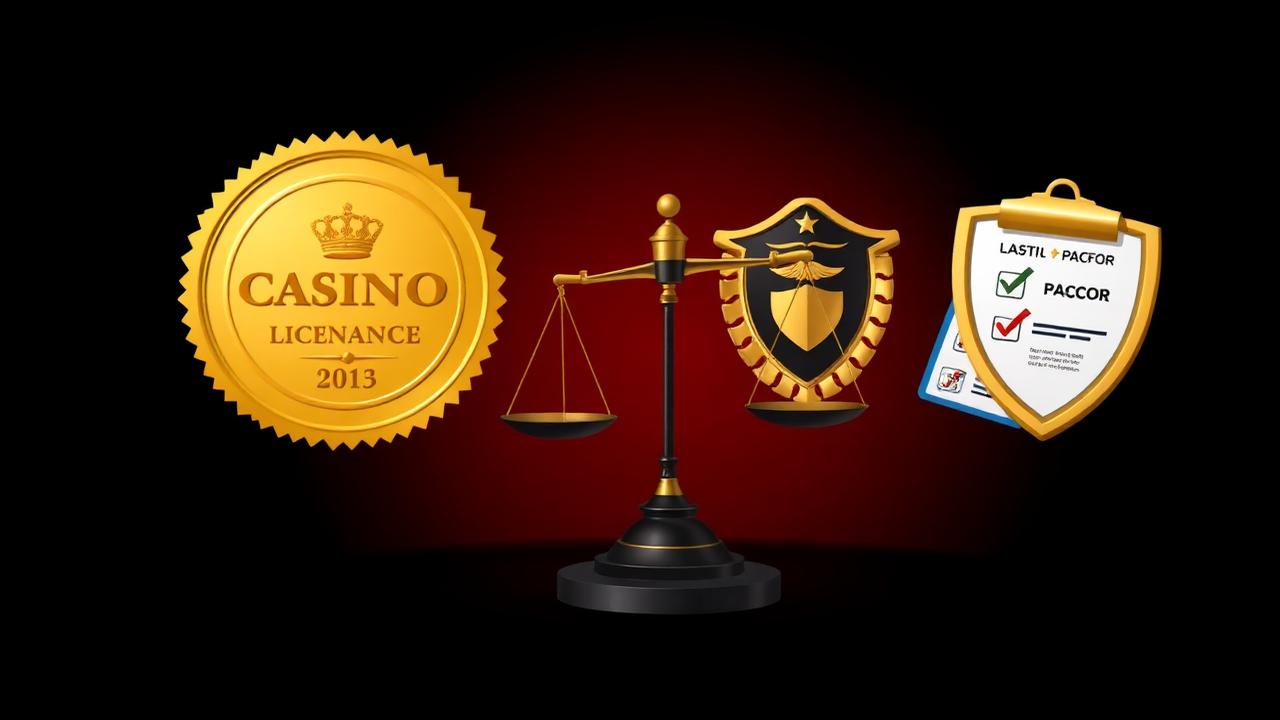 Casino compliance and licensing guide with gold license seal, scales of justice and checklist