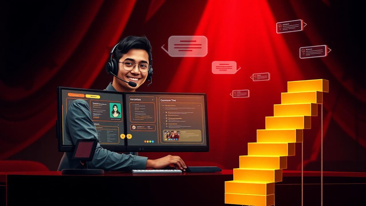 iGaming customer support career with a smiling Filipino agent wearing a headset and a gold career ladder