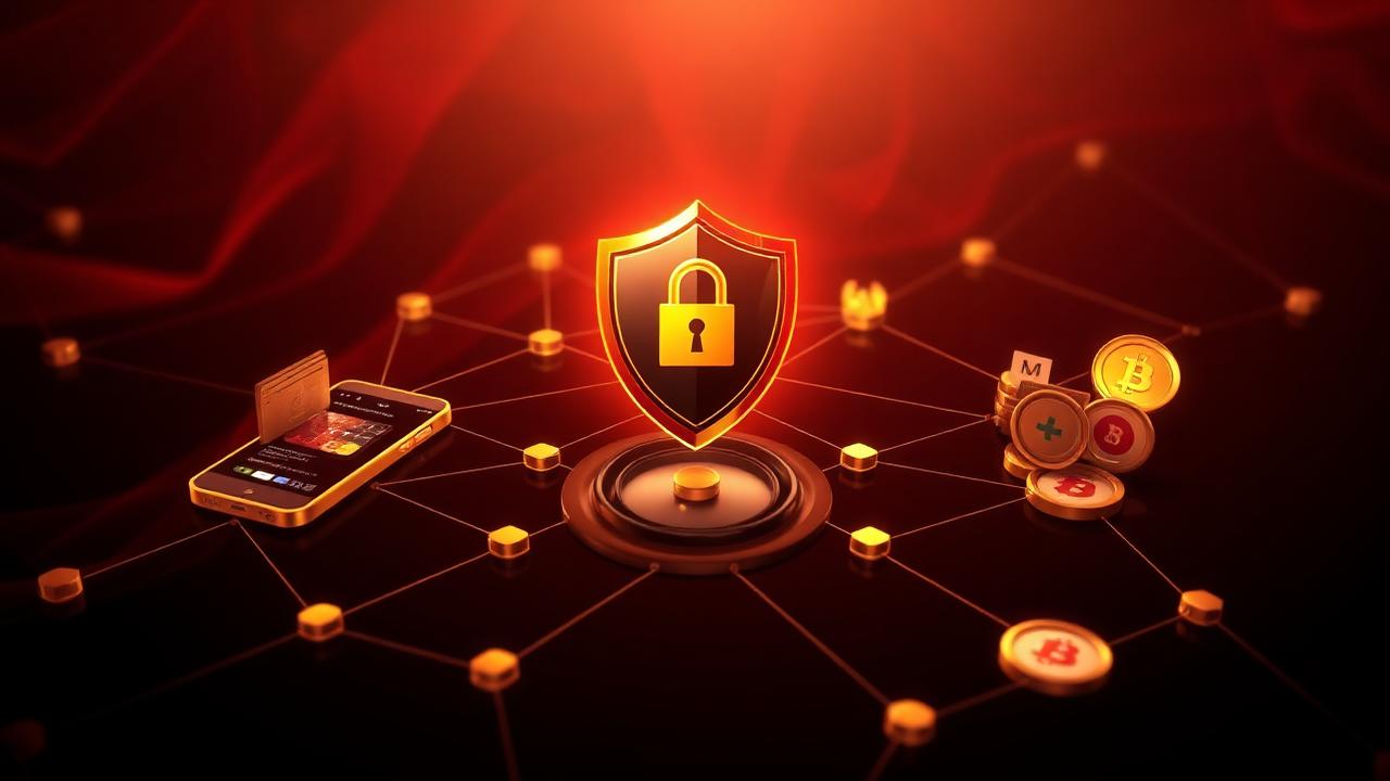 iGaming payment processing network with a gold security shield, e-wallets, bank cards and crypto coins